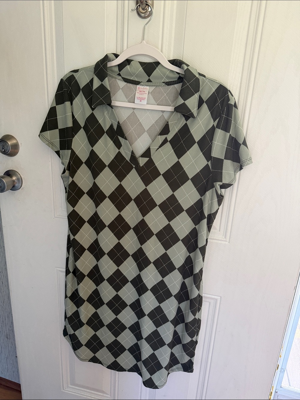 No Boundaries Sage Green and Black Argyle Polo Mini Dress